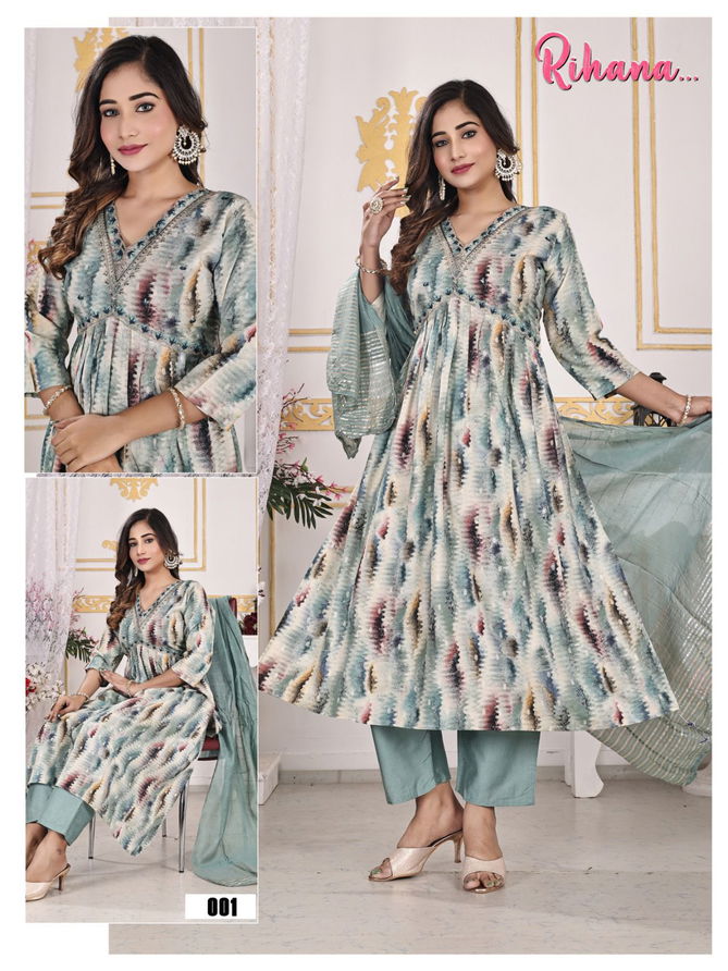 Rihana By Trendy Rayon Printed  Alia Cut Kurti With Bottom Dupatta Wholesale Market In Surat
